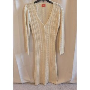 Sweater Land Women Cardigan Beige Cable Knit Long Button Up Dress Sweater 17160x